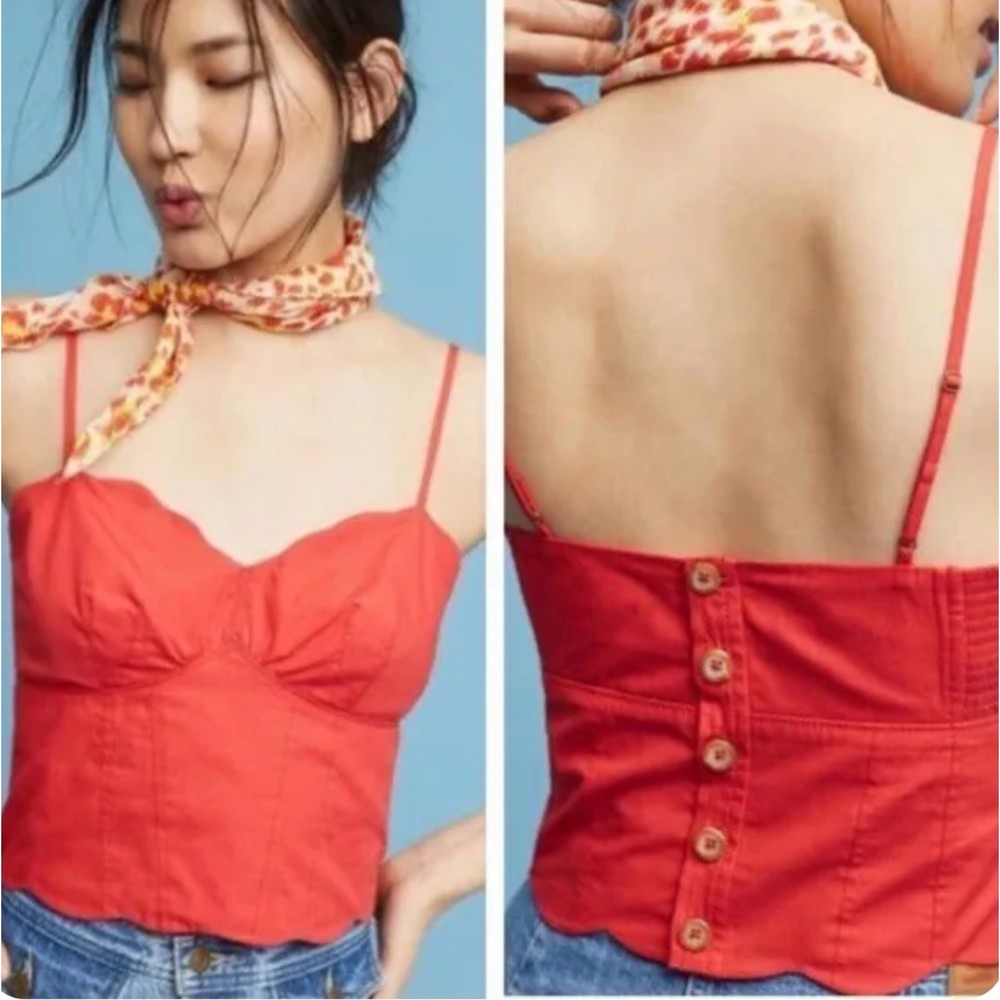 MAEVE Red Bo Scalloped Buttons Back Top
